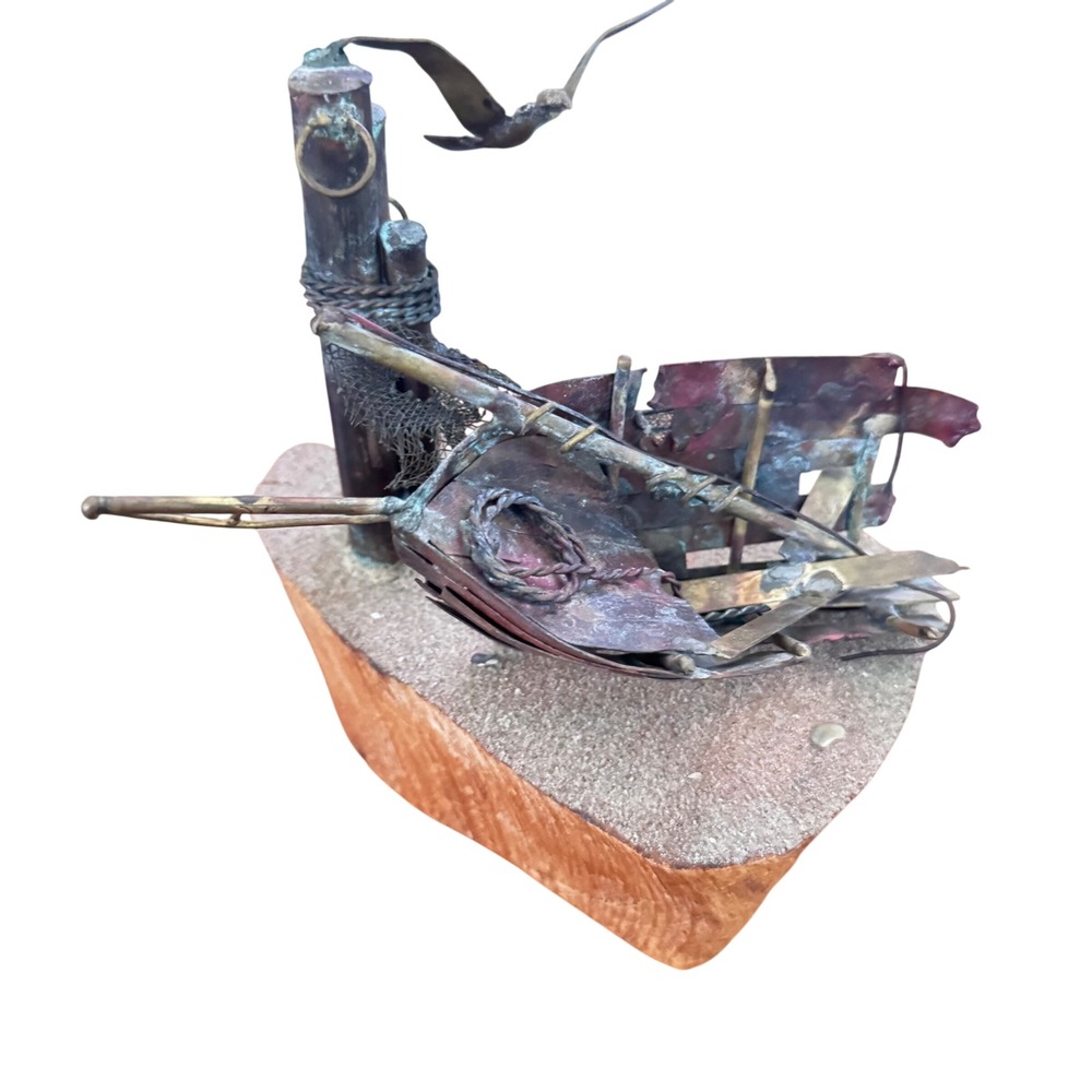 Copper Brass Shipwreck Sculpture Malted Wood Base Nautical Brutalist Signed MCM - Picture 7 of 10